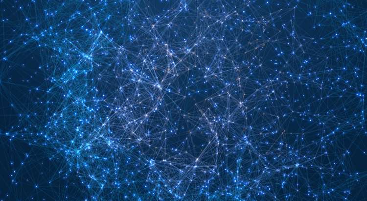 A visually captivating network of dots and lines on a blue background, representing an innovative digital marketing approach that has won prestigious awards in Hong Kong.